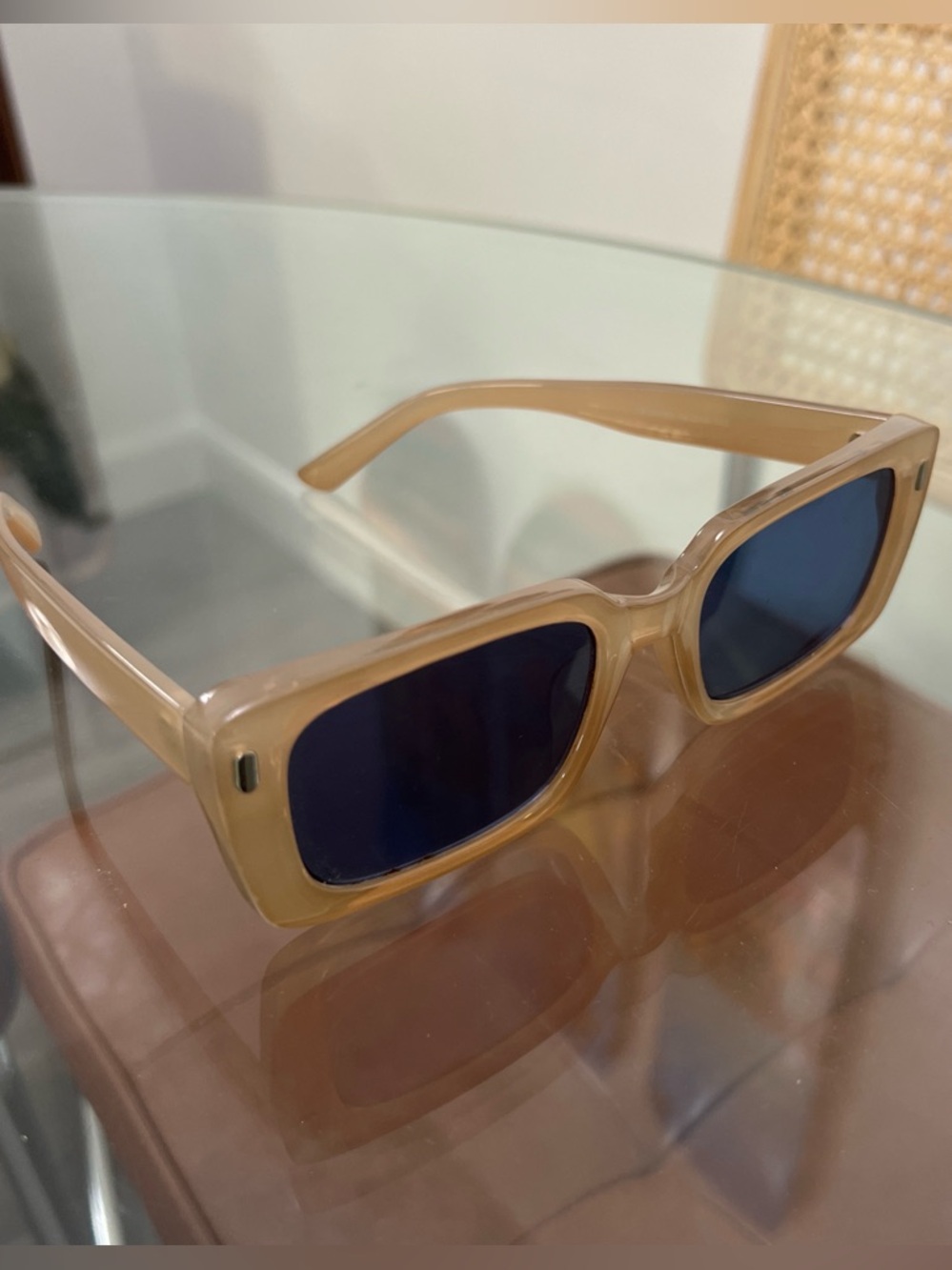 Chunky Rectangular Sunglasses in Translucent Beige with Dark Lenses - Picture 3 of 3